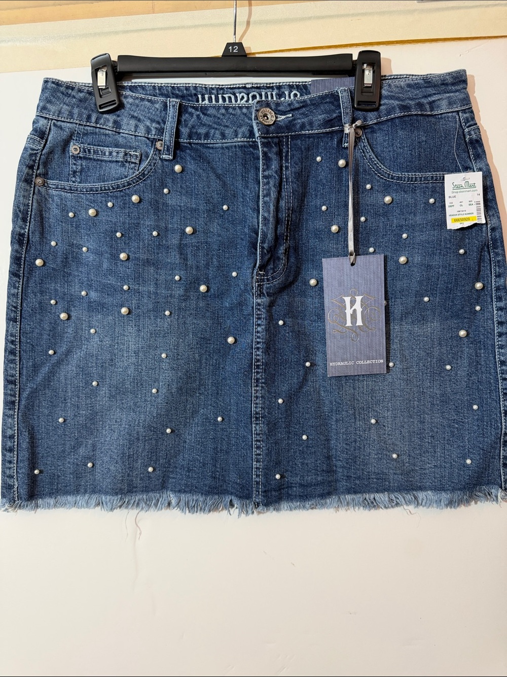 NWT Hydraulic Soho High Rise Dark Blue Pearl-Embellished Denim Mini Skirt Sz 14